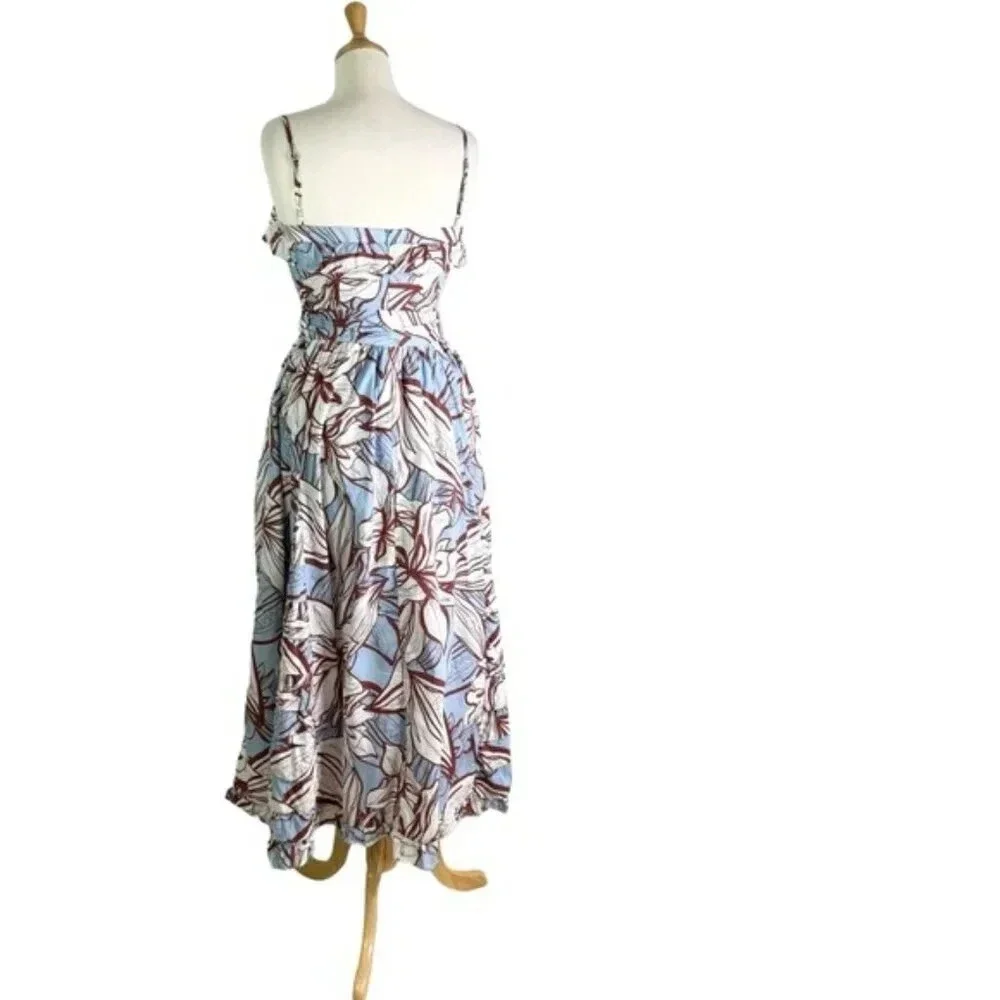 NICHOLAS Julie Cotton Floral Midi Dress Ruffle Detail and Pockets Blue Size 2